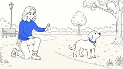 A kneeling trainer calmly gives a sit hand signal while ClickerPup stands looking at a bird in a park tree.