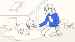 Trainer kneels in an attic as her puppy takes a treat gently from her palm during puppy bite inhibition practice.