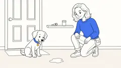 Puppy potty training regression: a trainer and puppy inspect a small indoor puddle beside the front door.