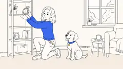 A kneeling trainer lifts a coiled charging cable onto a shelf as ClickerPup watches, while another cord runs through a concealer along the baseboard.