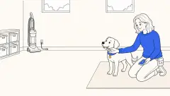 A trainer rewards a calm puppy watching a distant vacuum for a puppy socialization checklist.