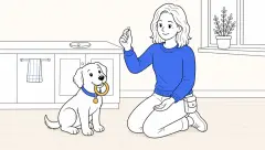 When does puppy stop chewing everything? A trainer holds up a shed tooth beside a puppy with a chew ring.