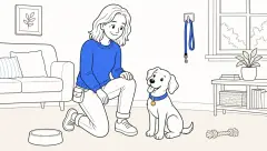 A half-kneeling trainer shares a quiet pause with seated ClickerPup beside a just-used food bowl in a bright living room.