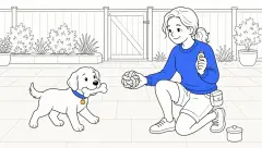 On a garden patio, a puppy approaches carrying a plush bone while a kneeling trainer offers a round knotted toy and presses her clicker with her thumb.