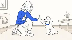 A kneeling trainer presses a clicker as ClickerPup sits and touches one raised paw to her open palm in a living room.