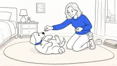 A kneeling trainer lures ClickerPup over its shoulder while the puppy rolls across its back on a soft bedroom rug.