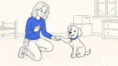 A kneeling trainer holds an open palm under ClickerPup's raised paw while holding a clicker on a spare-room floor.