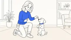 A kneeling trainer holds a treat just above ClickerPup's nose as the puppy rocks back into a brief sit-pretty lift on soft carpet.