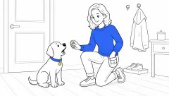 A kneeling trainer presses a small clicker to teach a dog to speak as ClickerPup gives one bark beside a closed door.