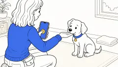 Over a kneeling trainer's shoulder, her thumb presses a yellow clicker button on a blue iPhone screen while ClickerPup sits and touches its nose to her open palm.