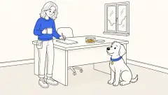 Training a dog with treats: a trainer watches a seated puppy beside a treat jar and a waist pouch.