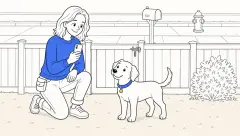 A trainer checks her phone beside a latched garden gate, answering when can a puppy go outside.