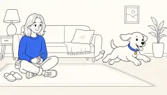 A happy puppy bounds through a lamp-lit living room, paws in the air, flicking a loose sock, trainer watching calmly nearby.