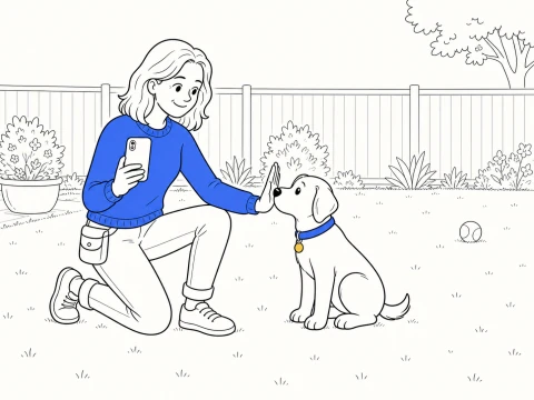 How does ClickerPup work? ClickerPup touches a trainer's palm in a garden while she holds an iPhone and a ball remains ignored nearby.