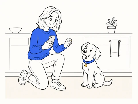 A kneeling trainer holds a back-facing phone and a treat while an attentive ClickerPup sits beside her in a kitchen.