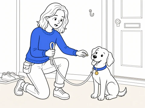 A kneeling trainer says “yes” and gives ClickerPup a treat while holding a loose leash in her other hand.